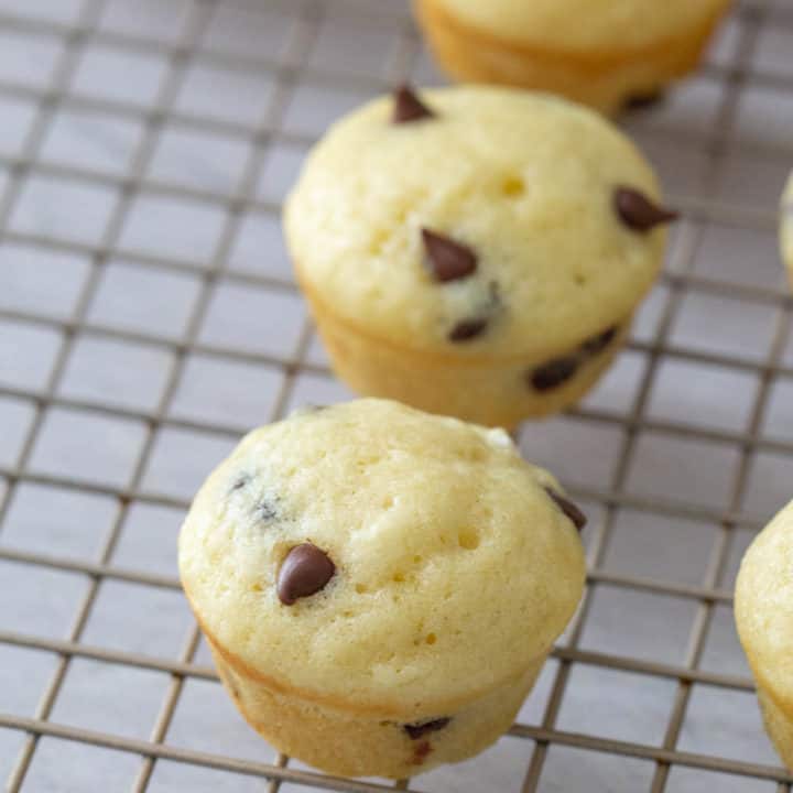 chocolate chip mini muffins on a wire cooling rack