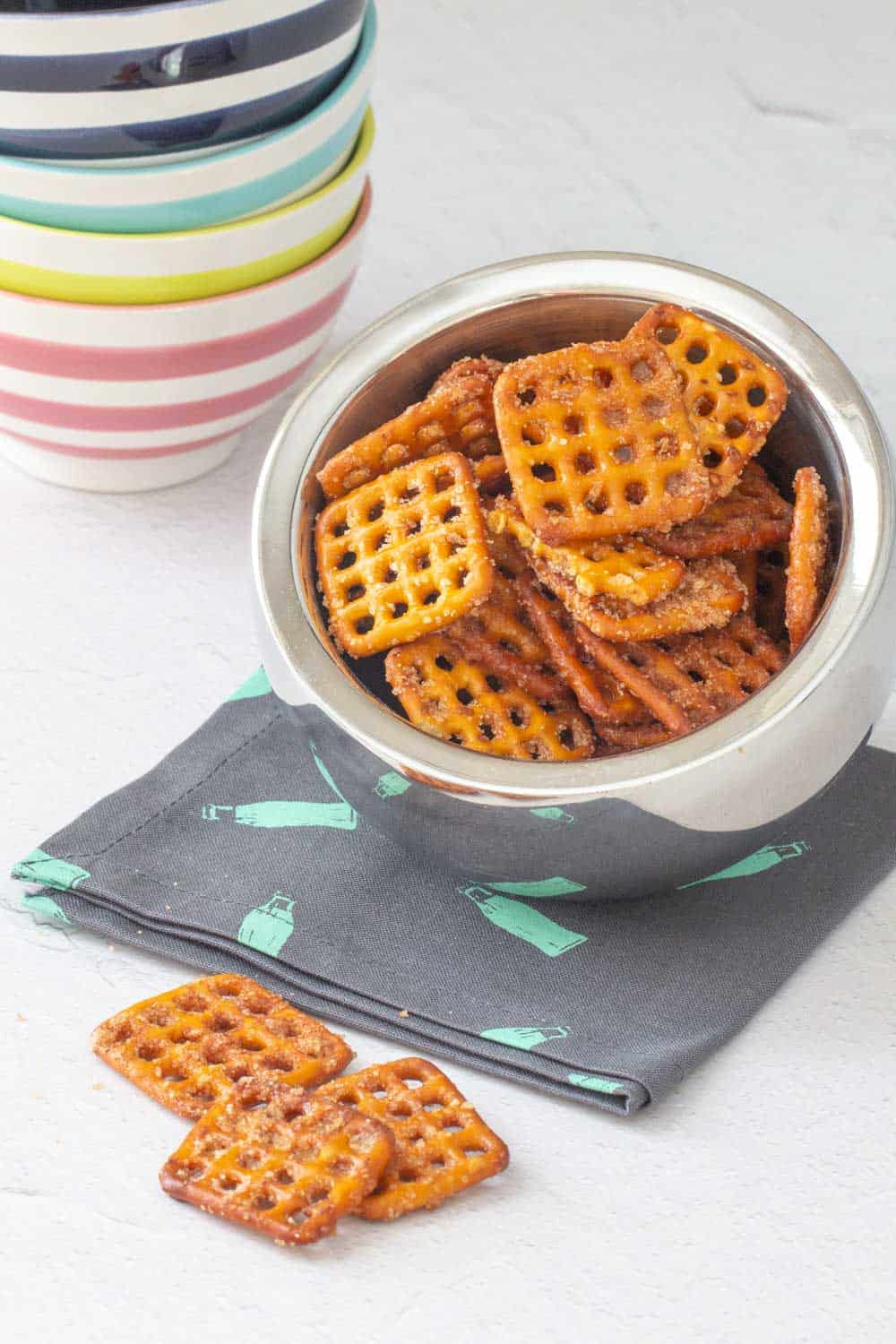 cinnamon sugar pretzels in a bowl