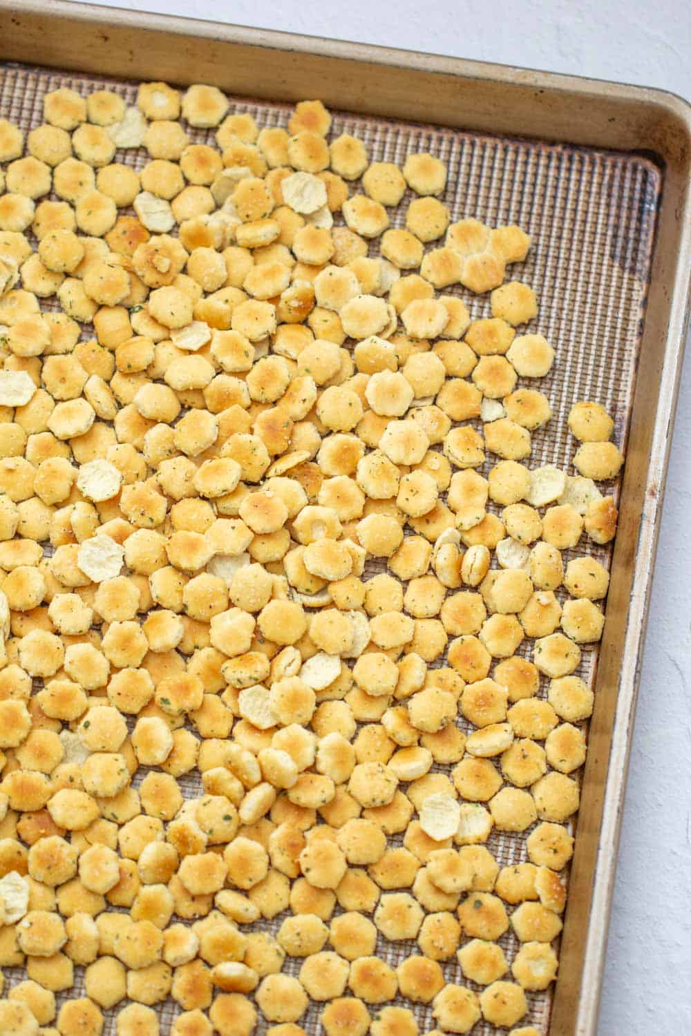 sheet pan of ranch oyster crackers