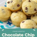 A delightful plate of chocolate chip mini muffins rests on a charming white and blue patterned plate. Perfectly captioned: "Crave-worthy Chocolate Chip Mini Muffins, HappySnackcidents.com.