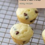 Mini chocolate chip muffins rest on a cooling rack, labeled "Chocolate Chip Mini Muffins: Easy Recipe." Visit our website for more delightful bites!.