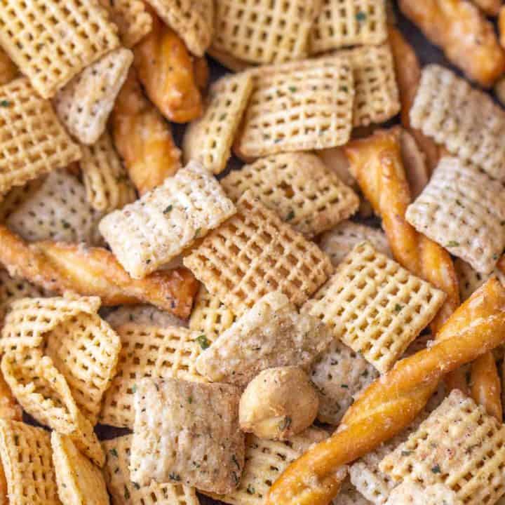 close up of ranch flavored chex mix