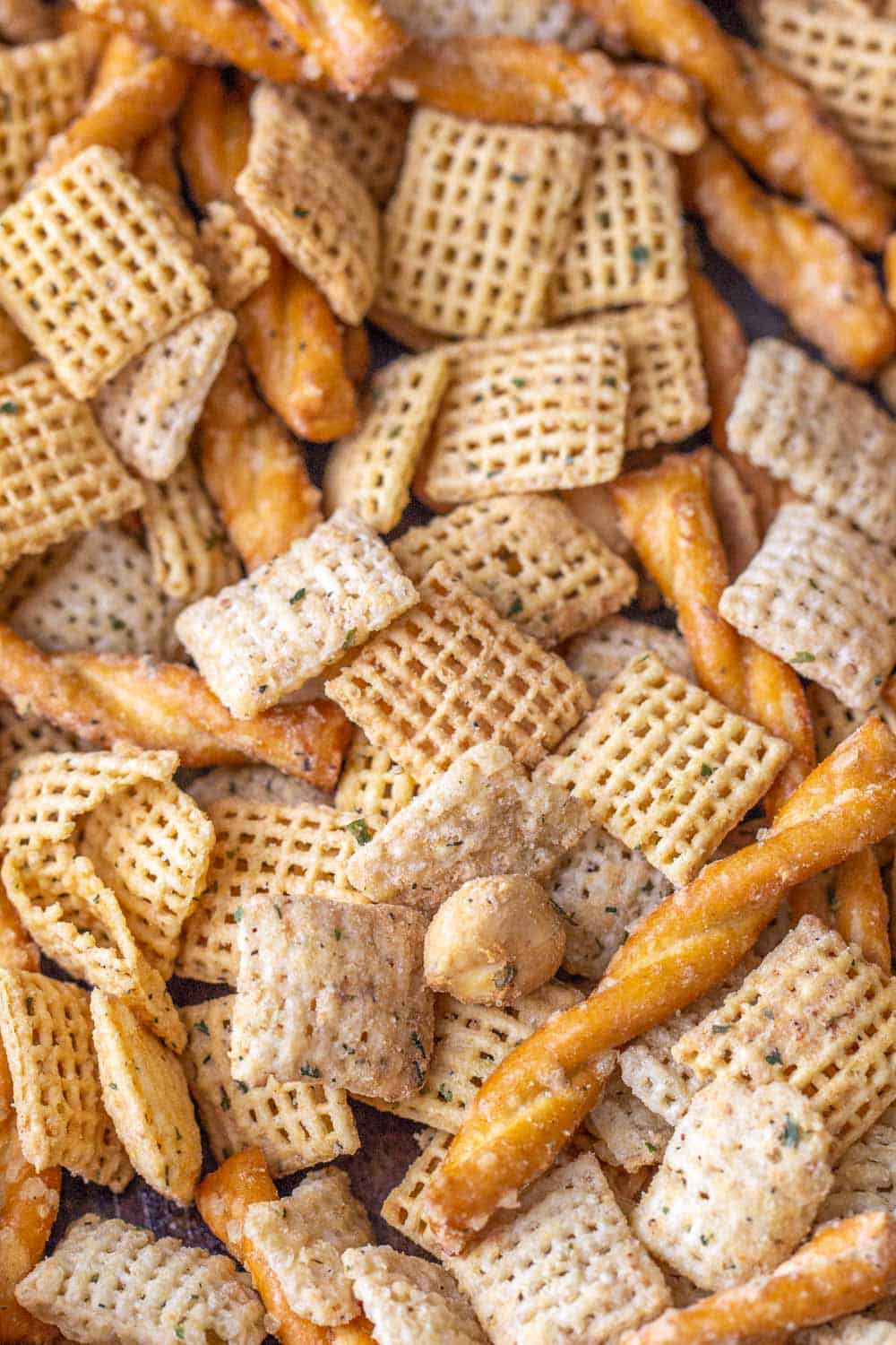 close up of ranch flavored chex mix