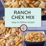 A bowl of savory Ranch Chex Mix brimming with pretzels and cereals, topped with a tantalizing recipe. Discover more delightful snack ideas at HappySnackcidents.com.