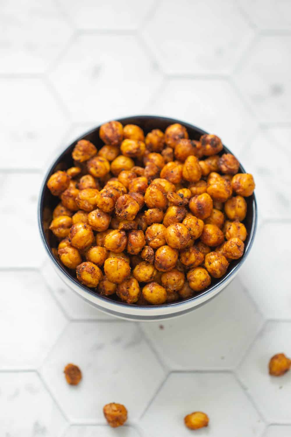 overhead of crispy chickpeas in a bowl