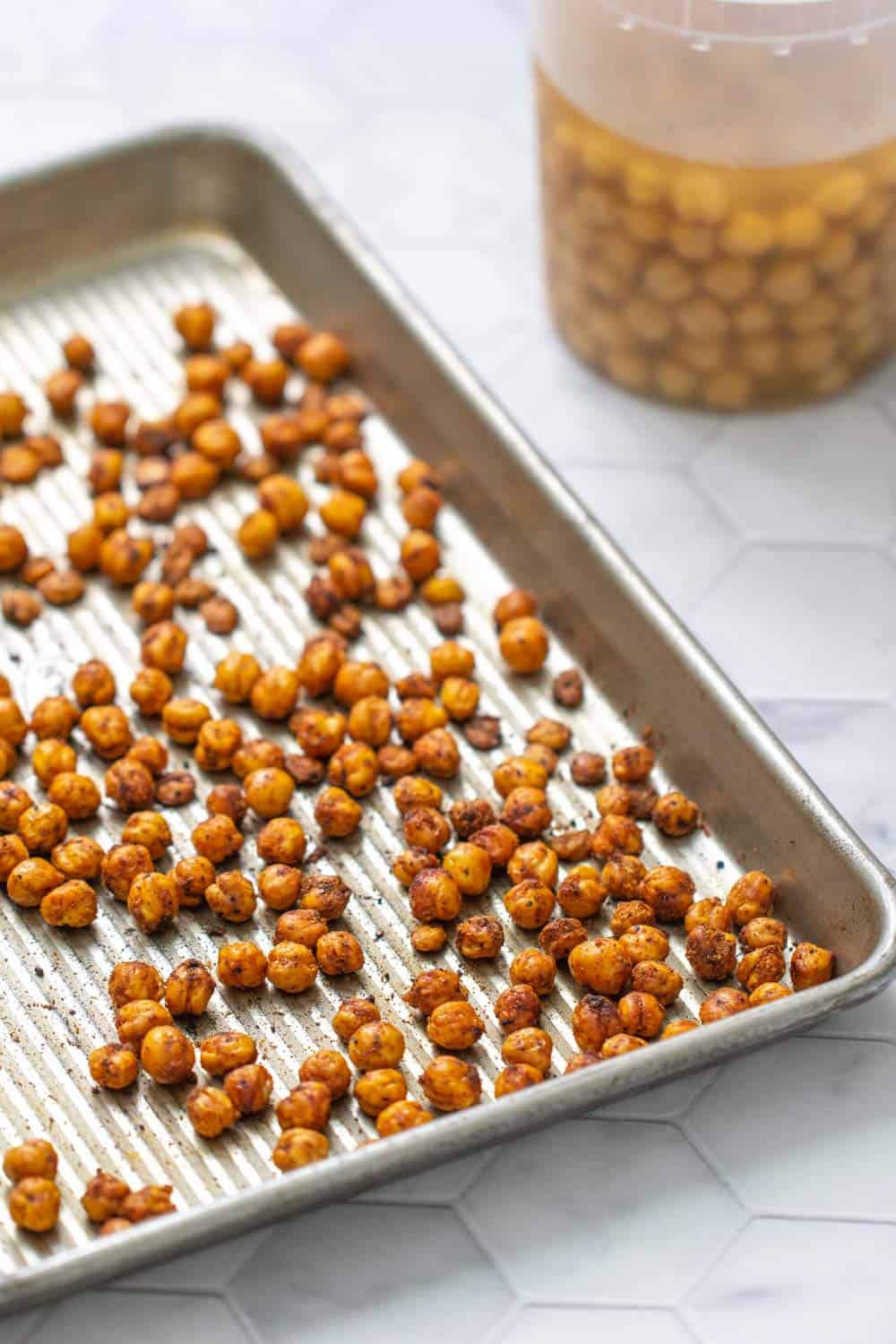 sheet pan of crispy baked chickpeas