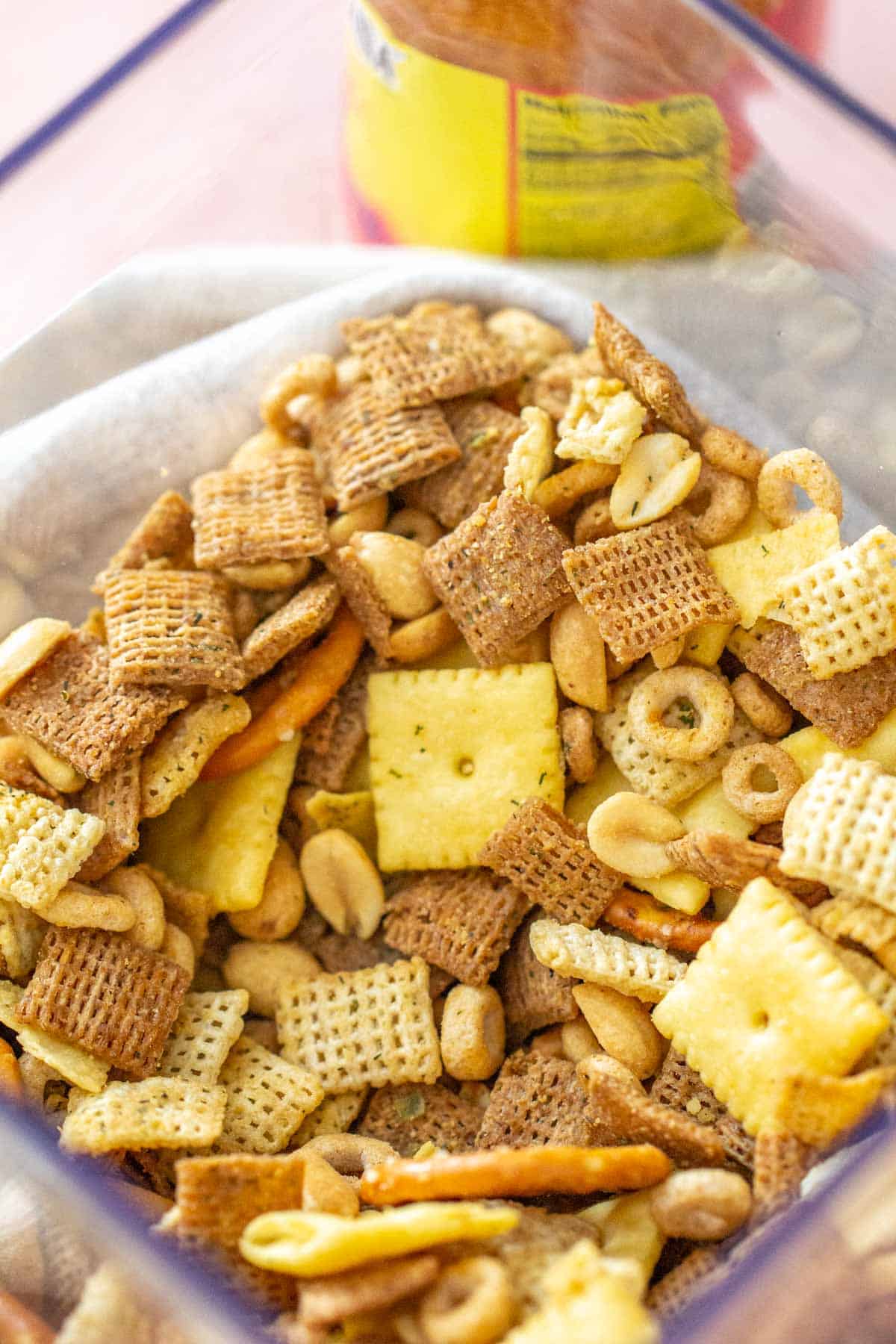 container of buffalo chex mix