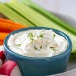 dill dip in a small blue bowl