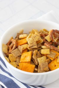 bowl of homemade cheddar chex mix