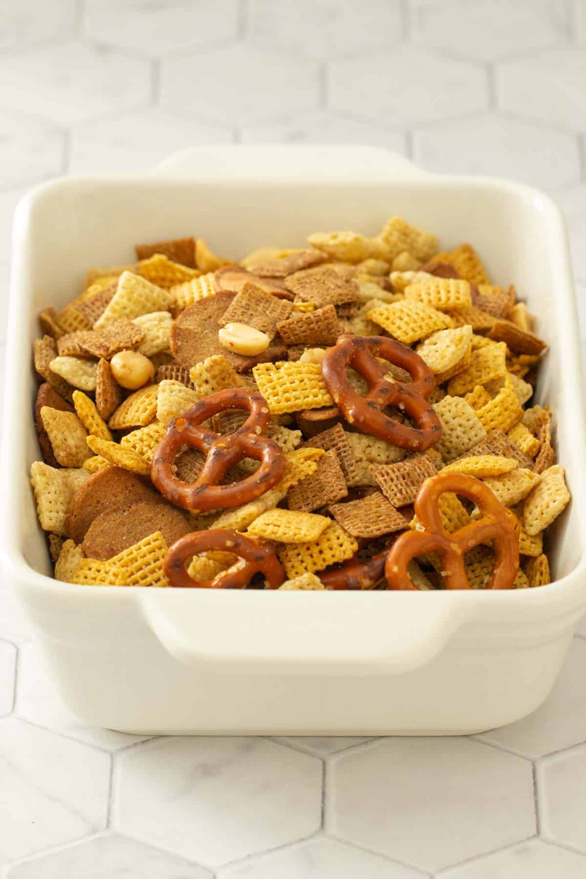 homemade chex mix in dish