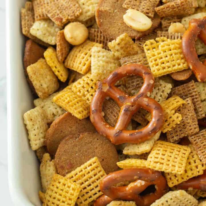 close up of homemade chex mix