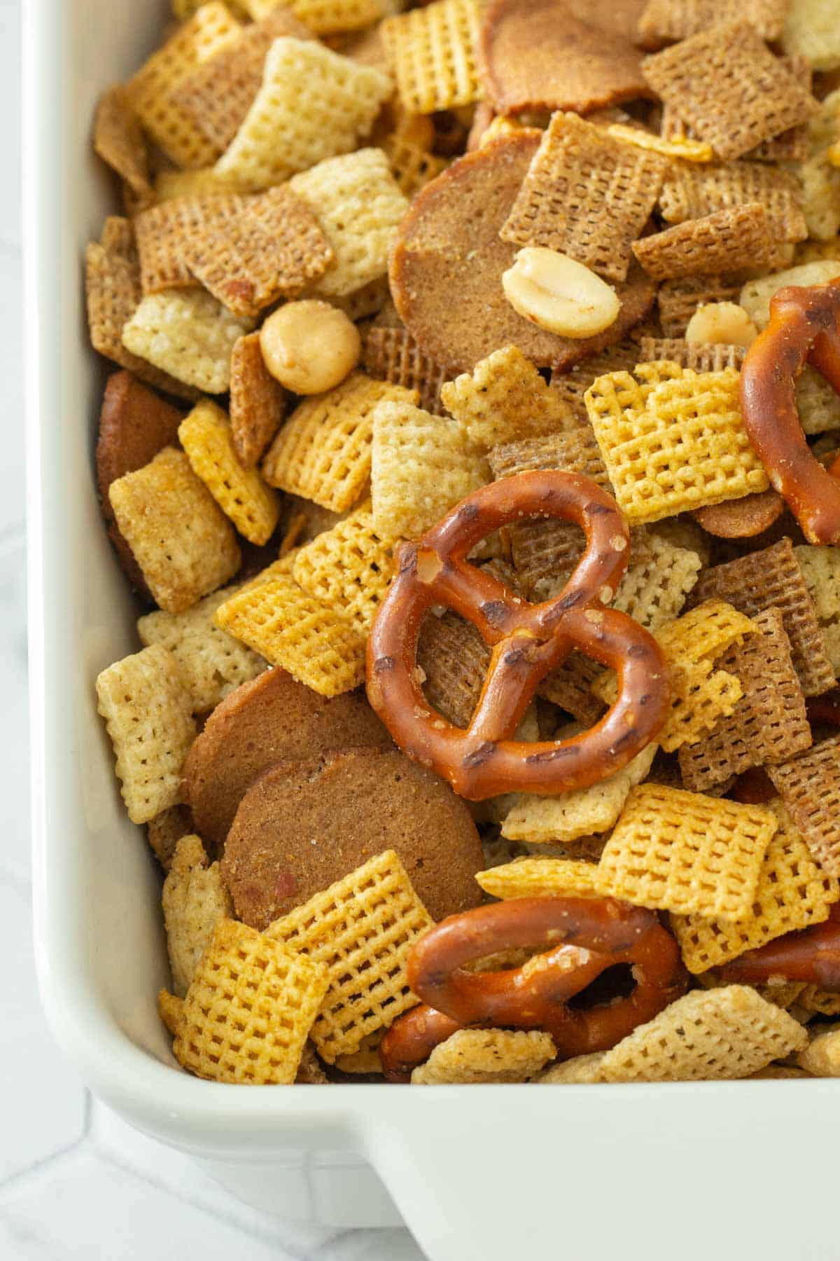 close up of homemade chex mix