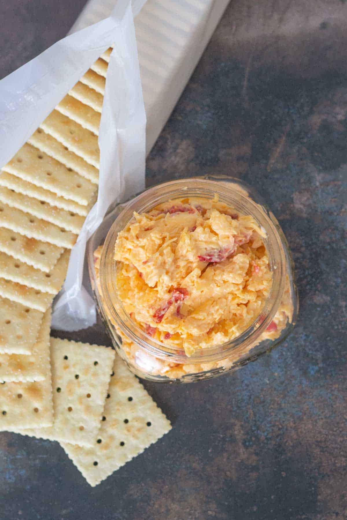 overhead of pimento cheese in jar
