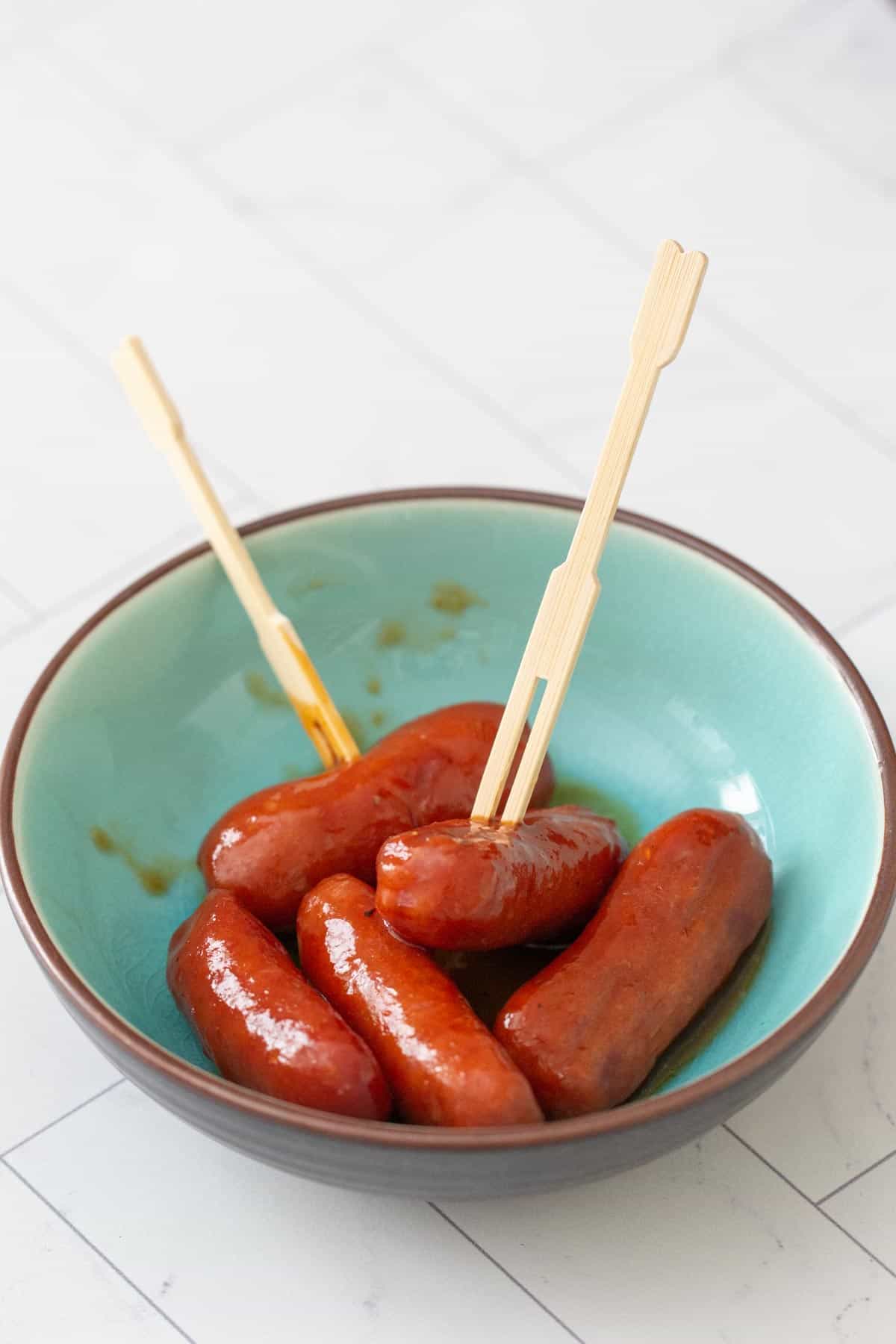 dish of little smokies with toothpicks