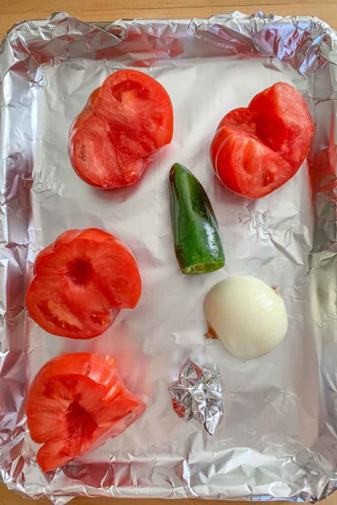 salsa ingredients on roasting pan