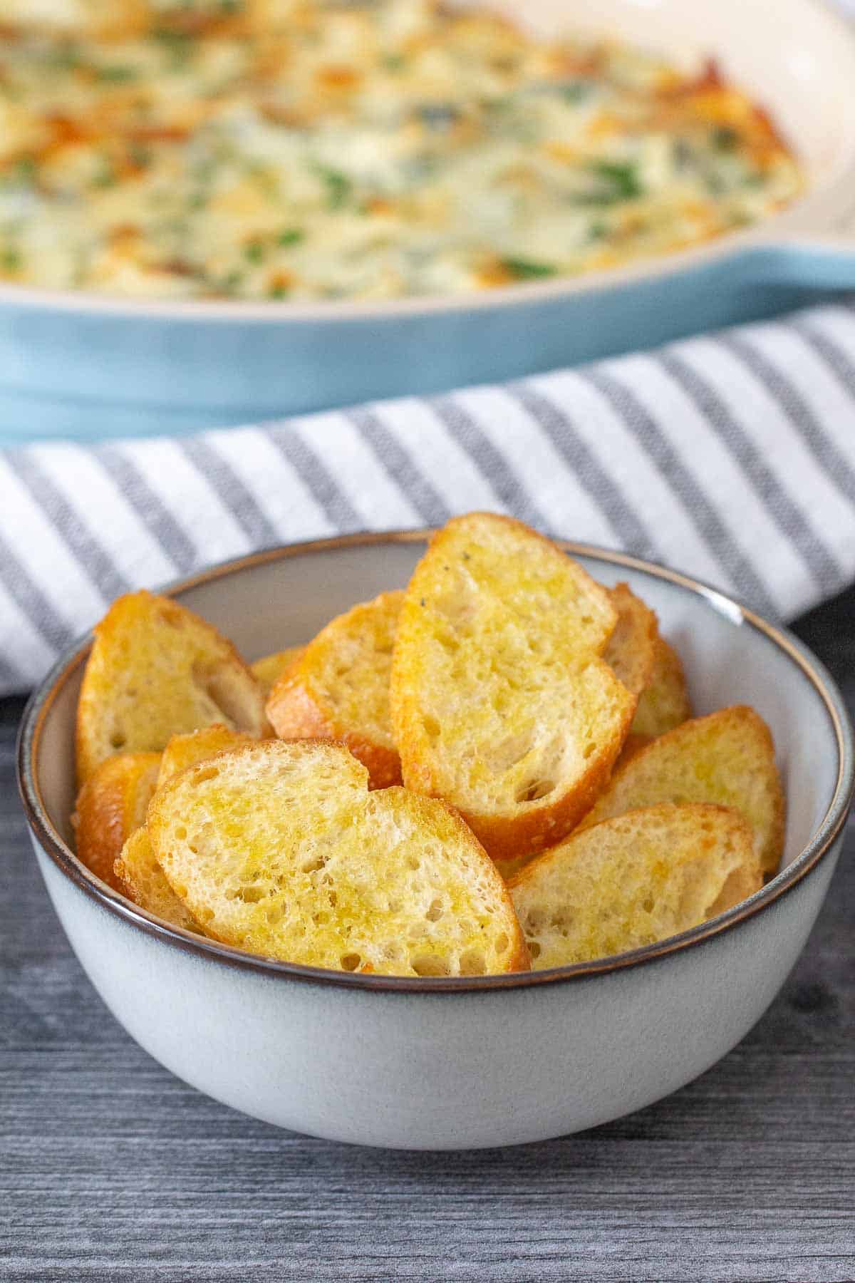 crostini in a bowl for serving