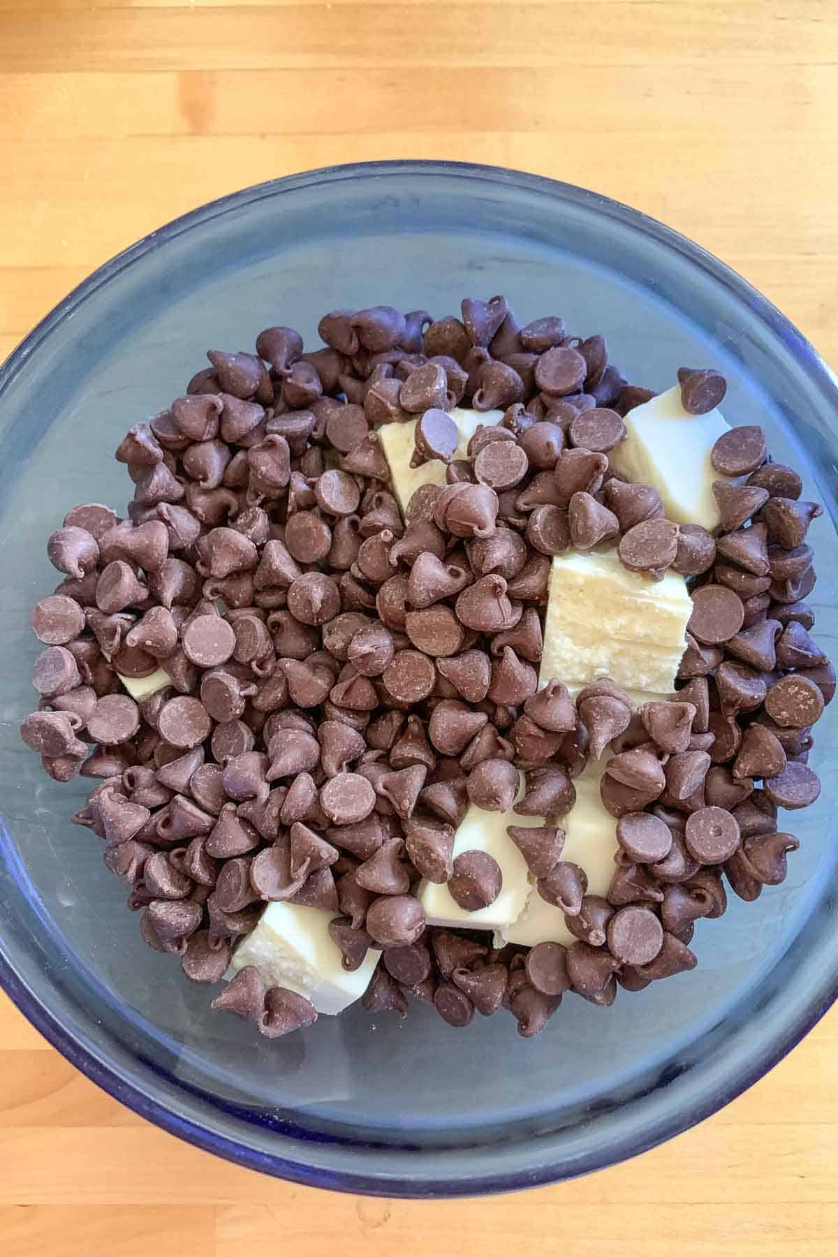 chocolate chips and almond bark in a bowl