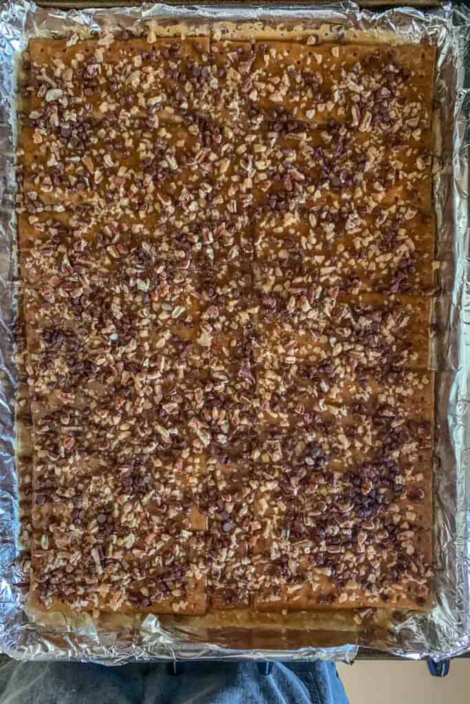Graham cracker toffee with toppings added.
