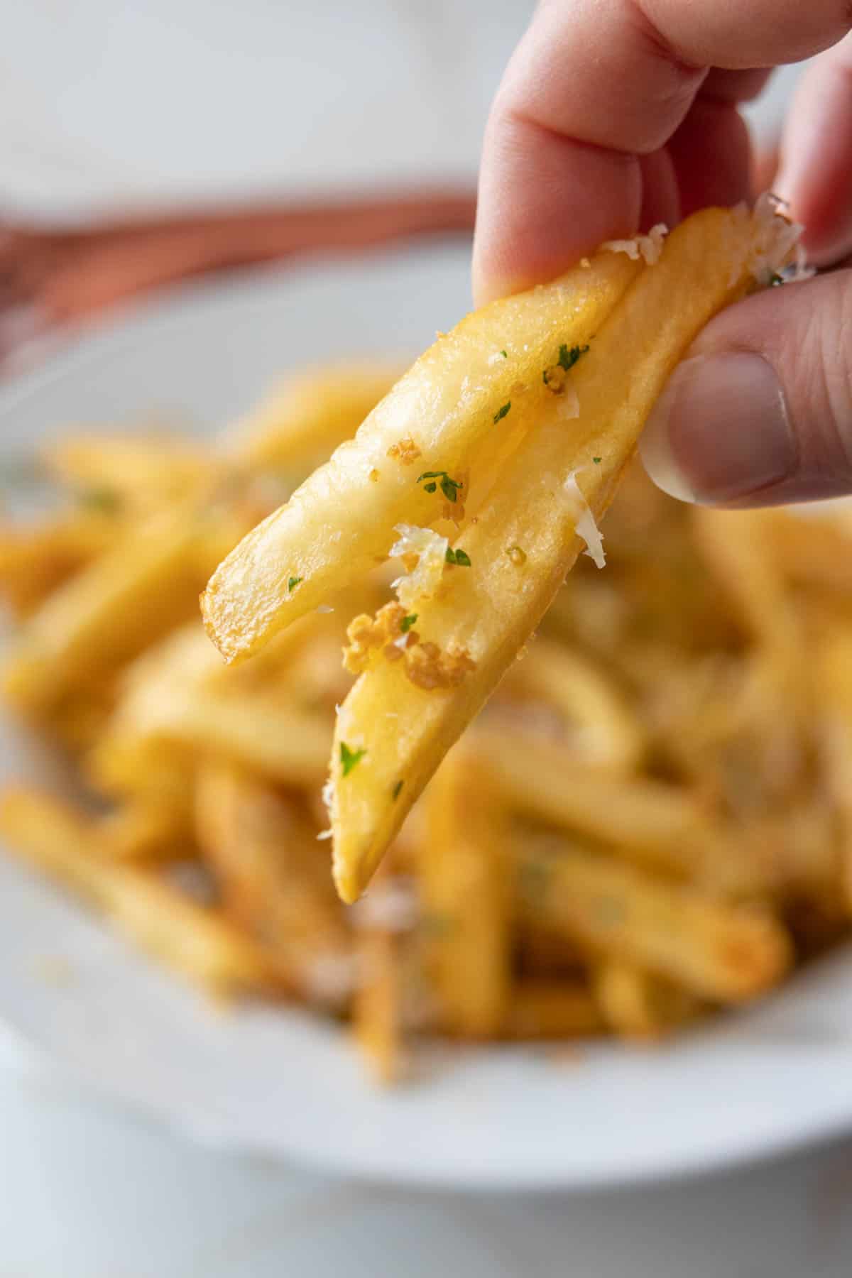 Caucasian hand holding up garlic fries close to the camera.