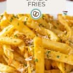 A plate of crispy garlic fries topped with minced garlic and chopped parsley, with "Garlic Fries" text and a website URL at the bottom.