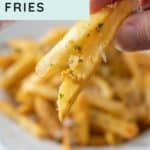 A hand holding a serving of garlic fries above a plate piled high with more crispy fries, all topped with fresh herbs and grated cheese.