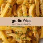 A plate of golden garlic fries topped with minced garlic and chopped parsley, labeled "garlic fries" with a website link.