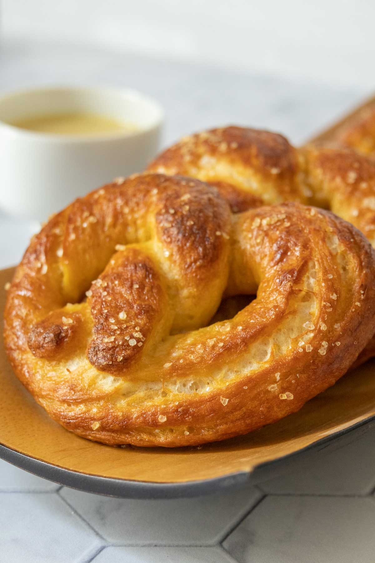 Platter of homemade soft pretzels.