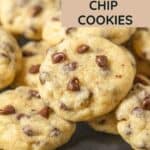 A plate of mini chocolate chip cookies is displayed with a label reading "Mini Chocolate Chip Cookies" and the website "www.happysnackcidents.com" at the bottom. Perfect for anyone craving delicious, bite-sized treats!.