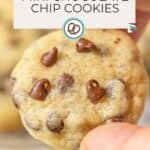 A hand holds one of the mini chocolate chip cookies, with visible chocolate chips; text above reads “Mini Chocolate Chip Cookies.”.
