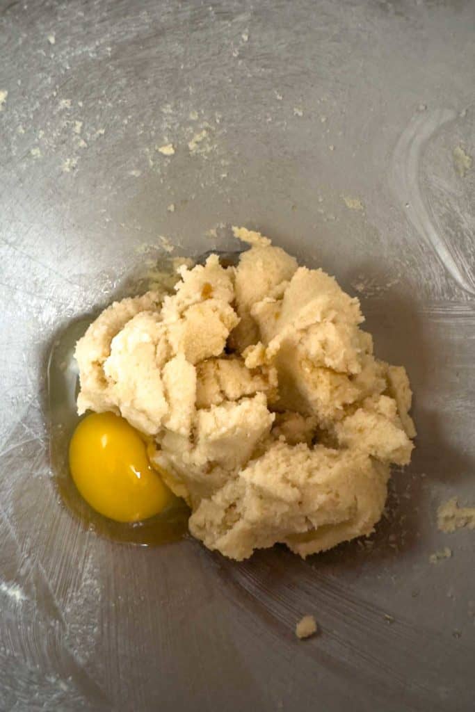 Butter and sugars creamed together, with egg and vanilla added before mixing in.