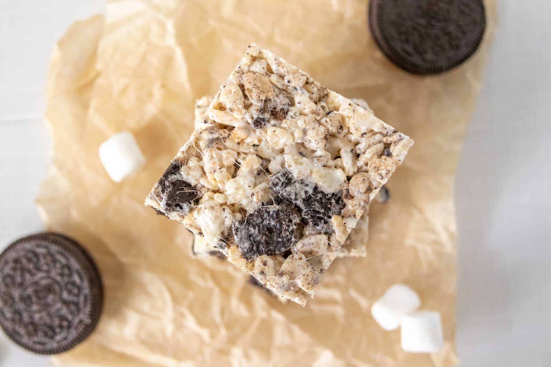 Overhead view of a stack of oreo rice krispie treats.