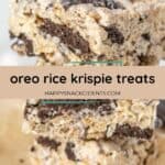 Close-up of Oreo rice krispie treats stacked, showcasing gooey cereal and Oreo pieces mixed together in these irresistible oreo rice krispie treats.