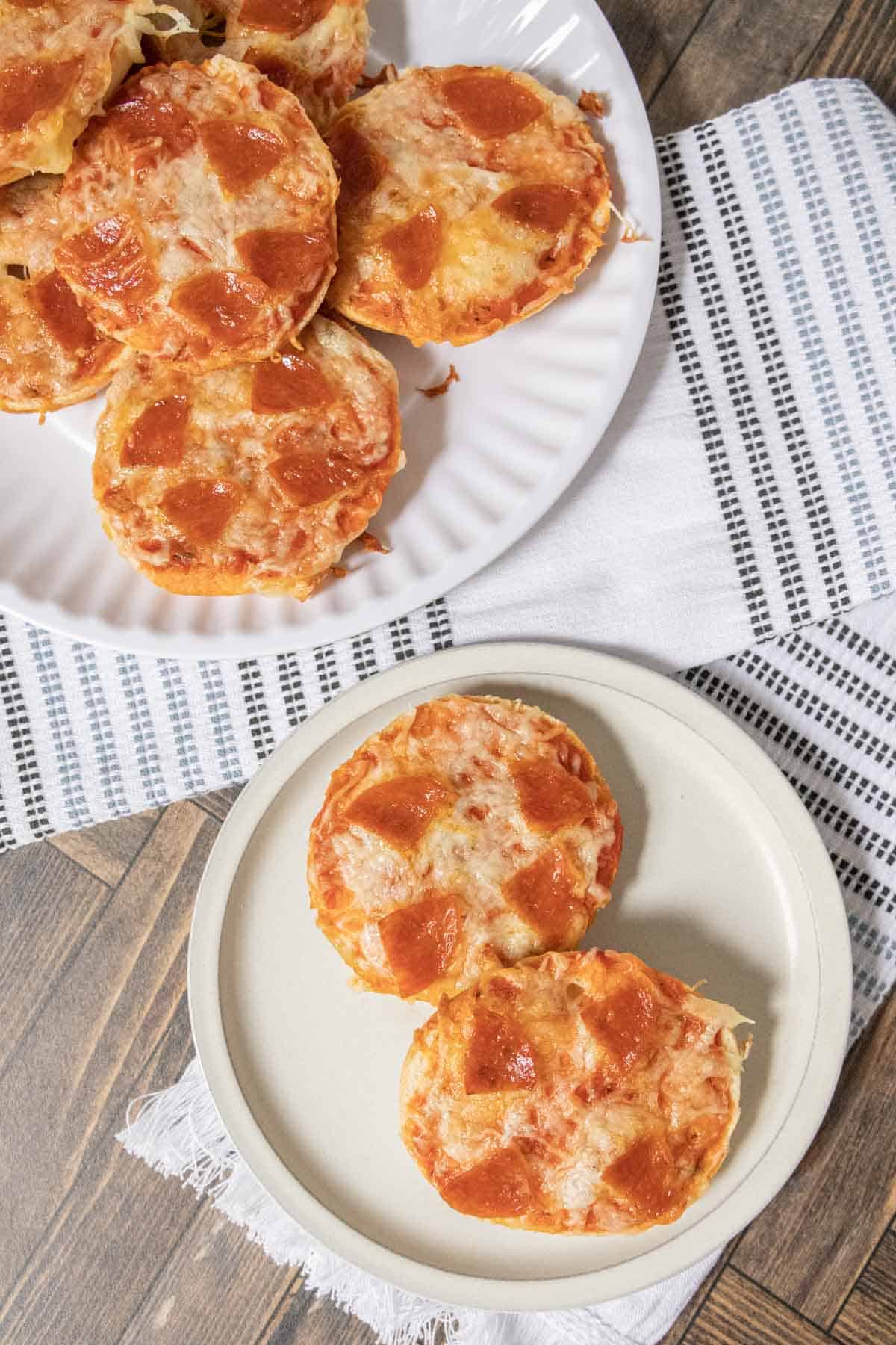 Overhead of mini pepperoni pizza bagel bites.