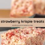 A close-up of strawberry rice krispie treats with a visible, gooey texture, placed on a plate. Text overlay reads "strawberry rice krispie treats" and "happysnackcidents.com".