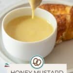 A hand dips a pretzel piece into delicious honey mustard sauce; the golden sauce drips from the pretzel. Text reads "Honey Mustard Sauce, happysnackcidents.com.
