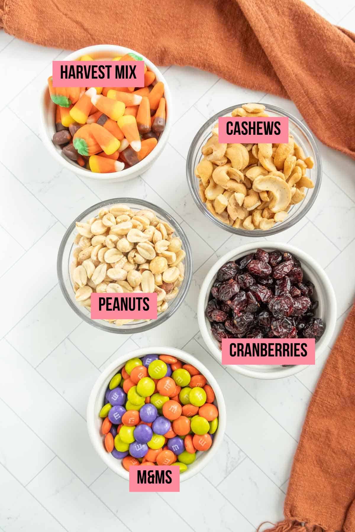 Five labeled bowls containing Harvest Mix, cashews, peanuts, cranberries, and M&M's, arranged on a white surface with a brown cloth partially visible in the background.