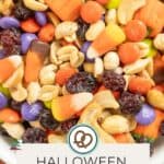 A festive bowl of halloween trail mix filled with candy corn, raisins, peanuts, cashews, and colorful chocolate candies. A label at the bottom reads "Halloween Trail Mix.