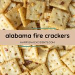 Close-up of seasoned square firecracker crackers with visible spices, labeled "alabama fire crackers" and "happysnackcidents.com" across the center.
