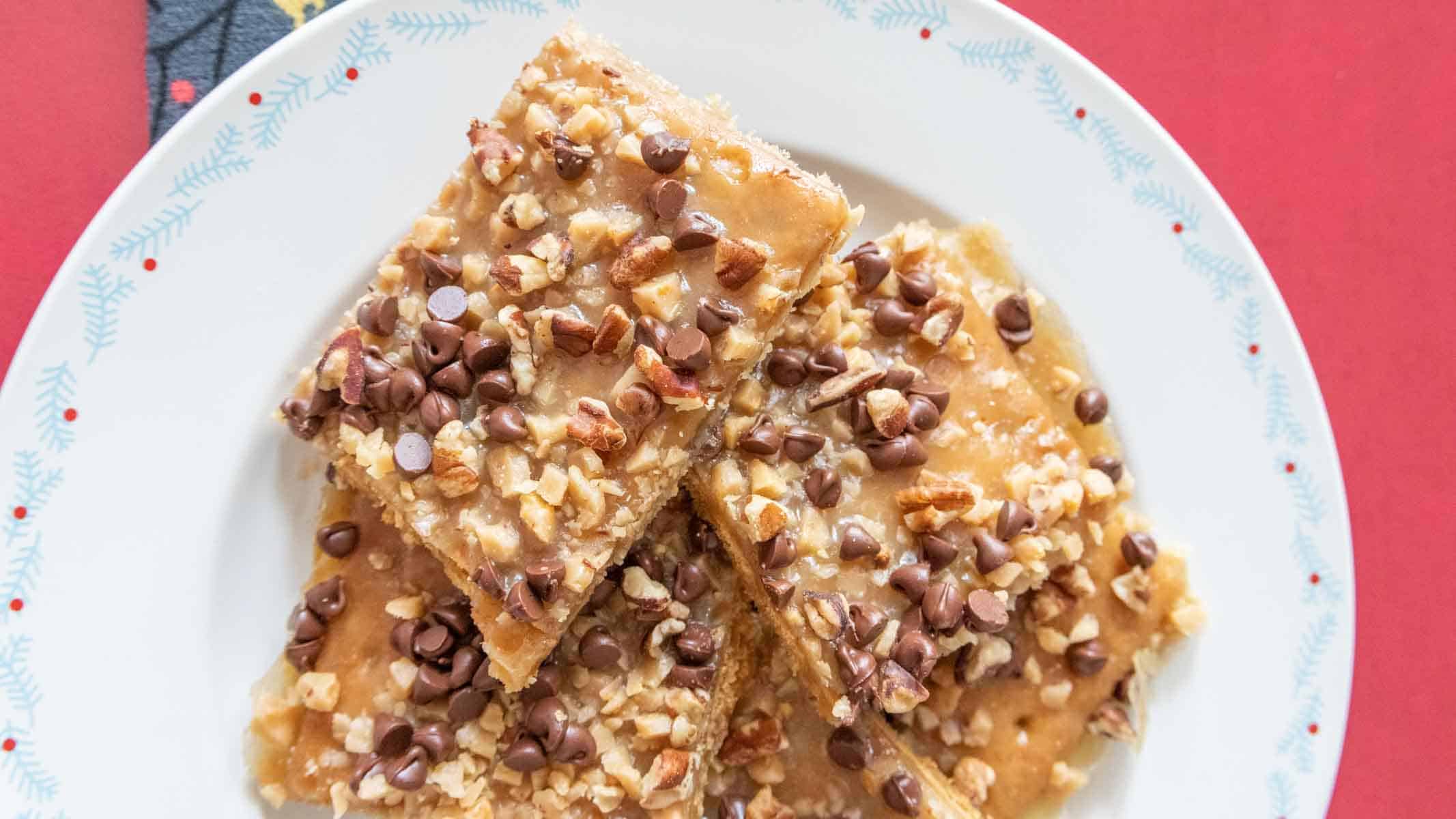 Graham cracker toffee topped with caramel and chocolate.