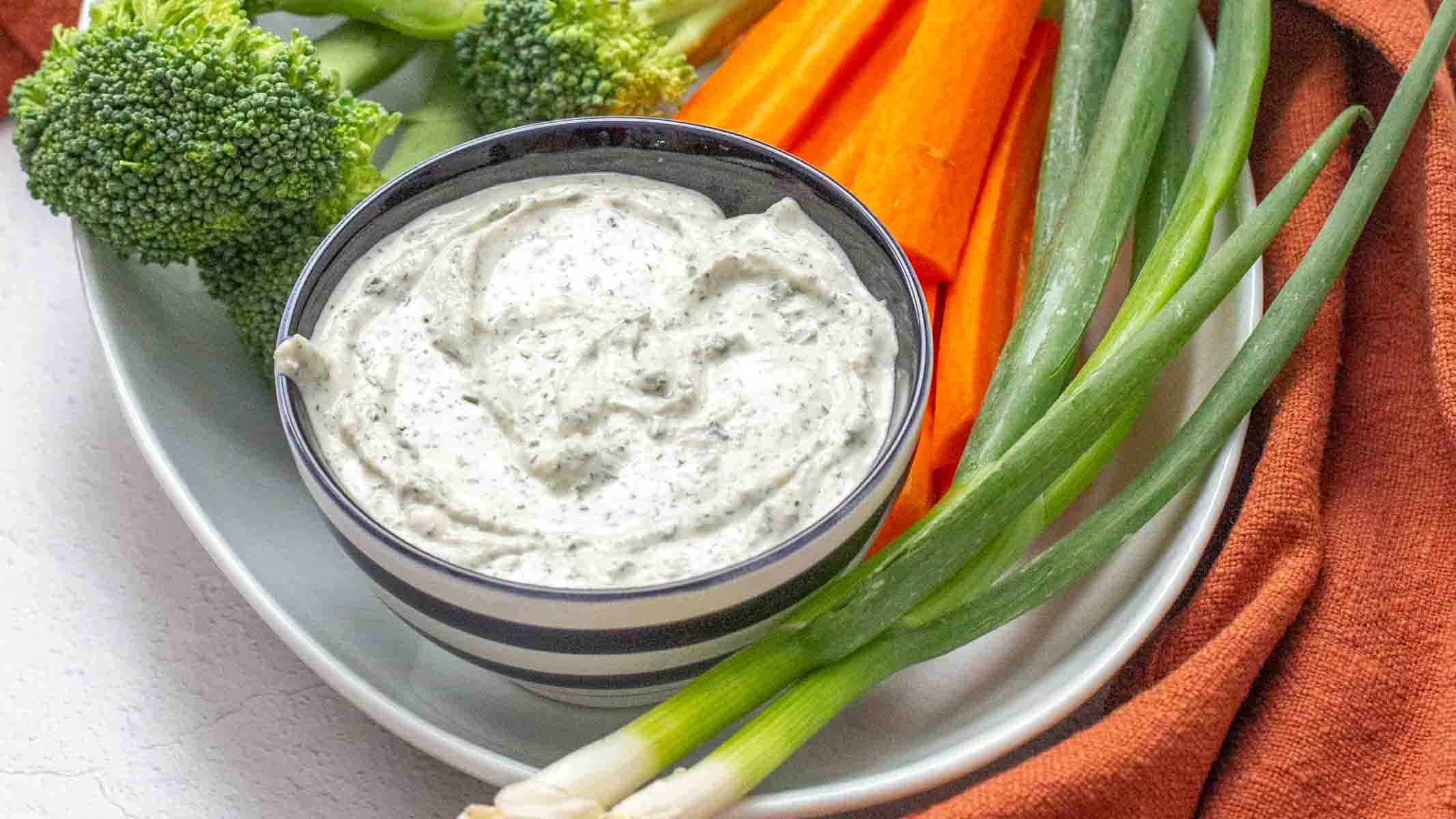 Ranch dip made with herbs, sour cream, and mayo.