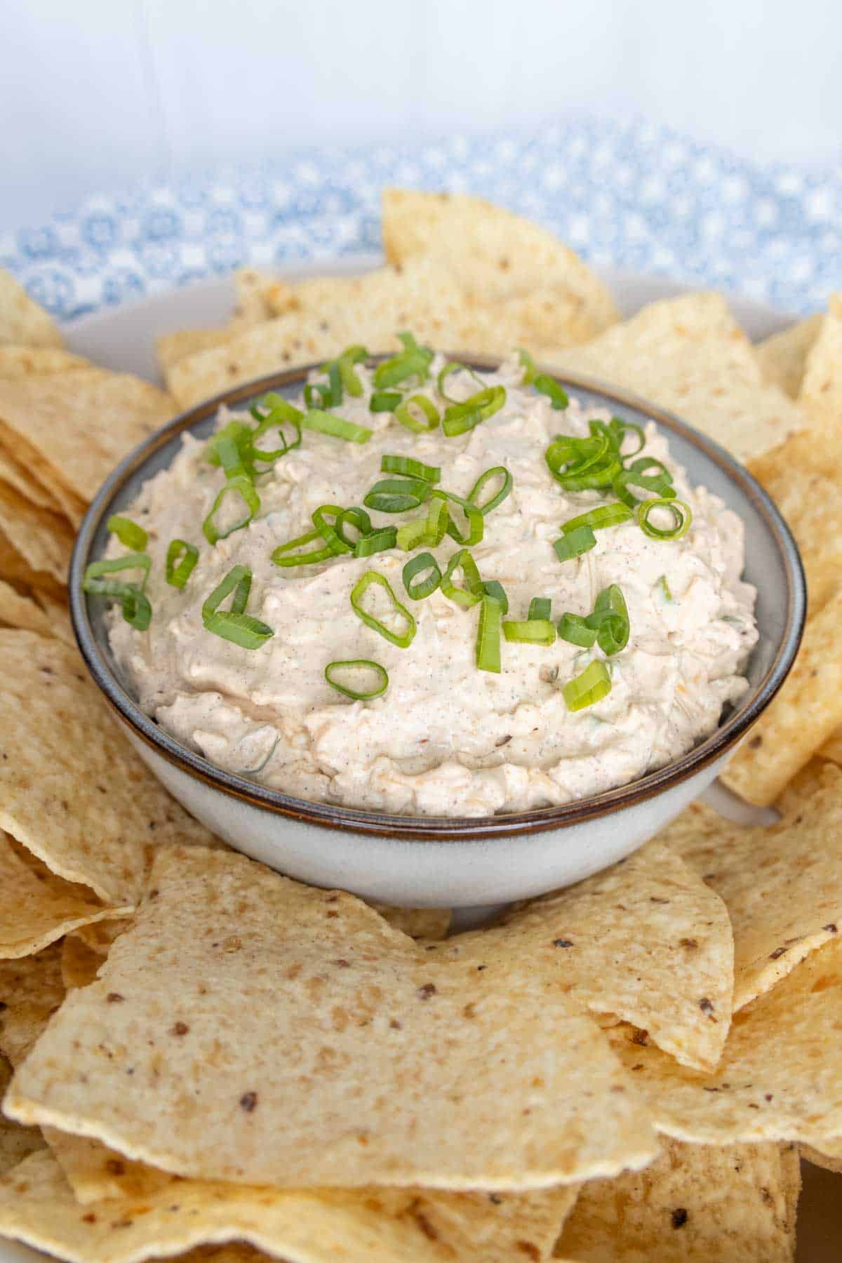 A bowl of creamy dip topped with chopped green onions, surrounded by tortilla chips on a patterned plate.