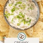 A bowl of creamy taco dip topped with sliced green onions, surrounded by tortilla chips. Text at the bottom reads "Creamy Taco Dip" with a logo and website "happysnackcidents.com".