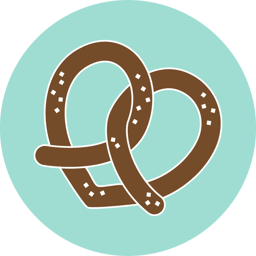 Illustration of a brown pretzel with white salt dots, set against a light turquoise circular background.