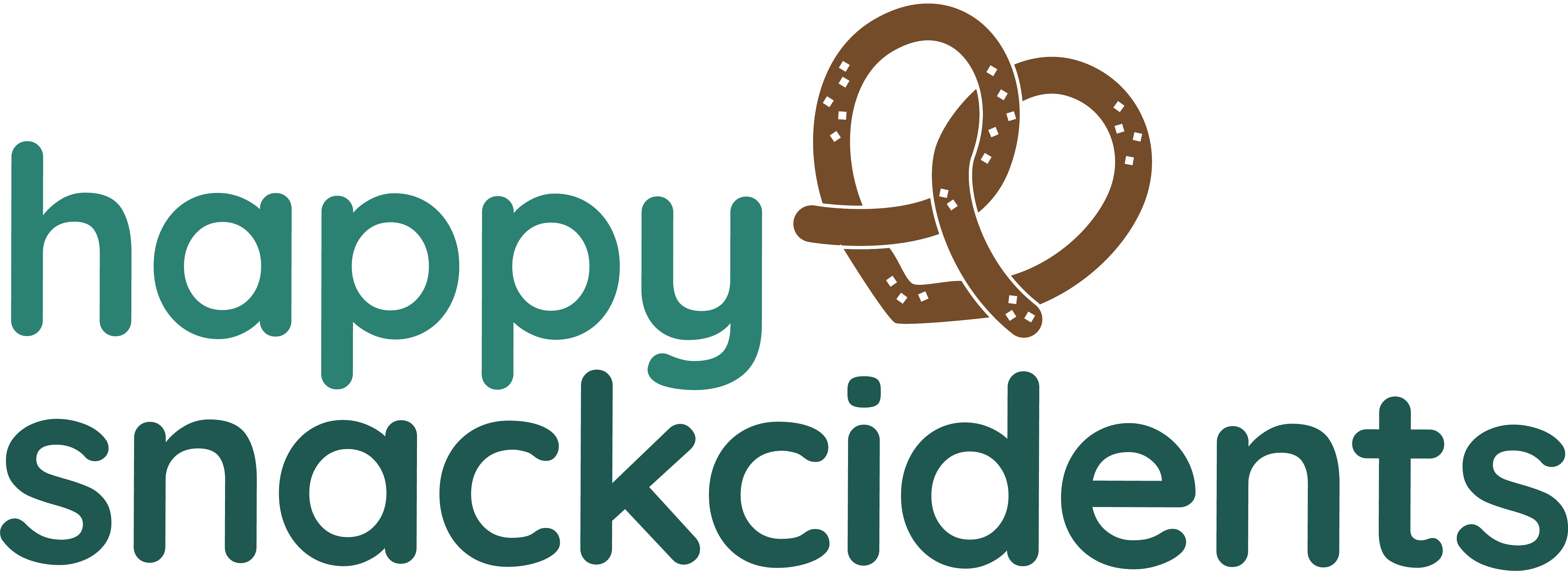 The image shows the text "happy snackcidents" with an illustrated pretzel integrated above the letters.