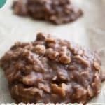 Close-up of no bake chocolate oatmeal cookies on parchment paper with text "No Bake Chocolate Oatmeal Cookies" and a website URL at the bottom.