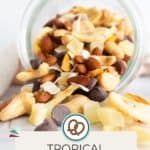 A glass jar tipped over with tropical trail mix containing nuts, dried fruit, and chocolate chips spilling onto a surface. A label reads "Tropical Trail Mix" with a website link.