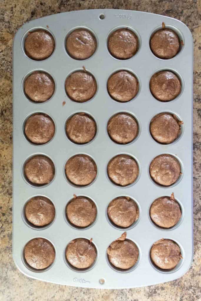 A muffin tin holds twenty-four baked mini chocolate muffins, arranged in four rows of six, on a speckled countertop.