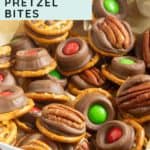 A bowl filled with Rolo pretzel bites topped with red and green chocolate candies and pecan halves, arranged on a striped surface.