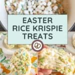 Easter Rice Krispie treats with colorful sprinkles and mini marshmallows, shown in a mixing bowl and served on a floral plate. Text reads: "Easter Rice Krispie Treats.
