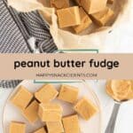 Top view of peanut butter fudge squares displayed on parchment paper in a bowl and arranged on a plate, with a spoonful of peanut butter beside them.